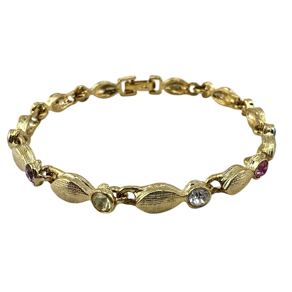 Vintage Multicolor Rhinestone Pastel Rainbow Brushed Gold Texture 6.75” Bracelet